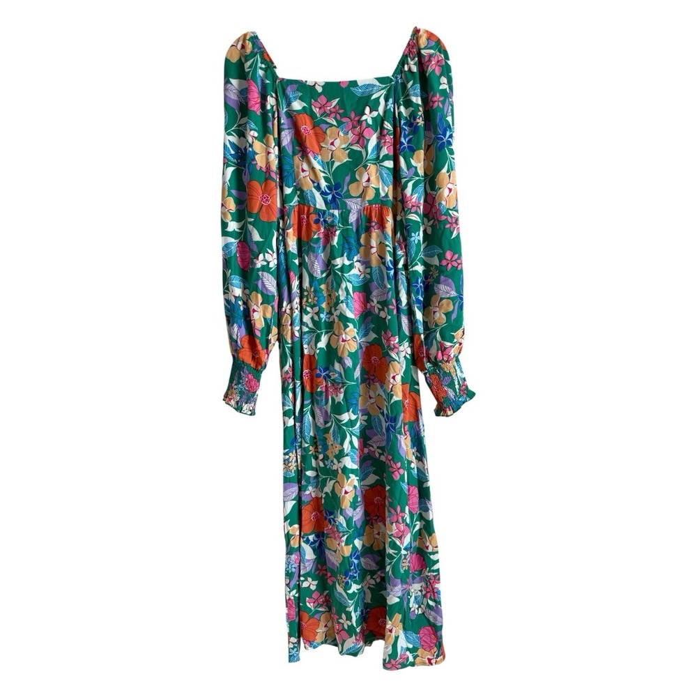 PRETTYGARDEN Green Tropical Floral Maxi Dress Smocked Cuff Square‎ Neck Boho M